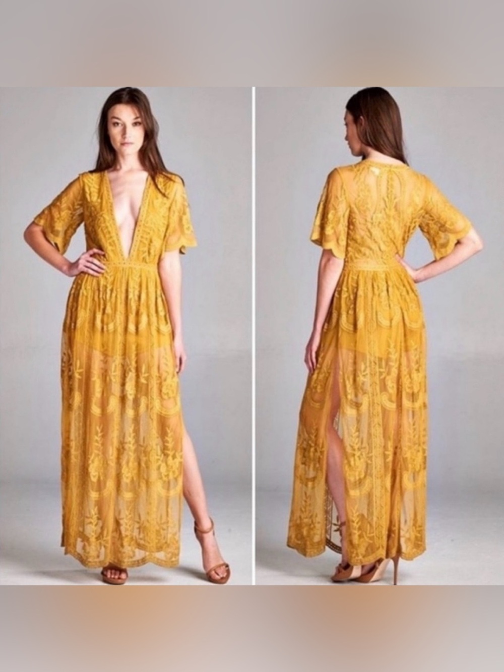Fashion Nova Deep V-Neck Floral Embroidered Mesh Maxi Dress